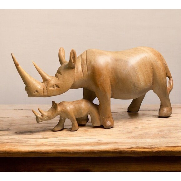 VTG Hand Carved Solid Wood African Rhinoceros & Baby Figurine Sculpture 4”x7.5" - Picture 1 of 12